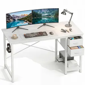 40 Inch Computer Desk with Drawers, Home Office Writing Desk with X-Shaped Reinforcement, Modern Study Work Table with Side Hook, Sturdy Metal Frame