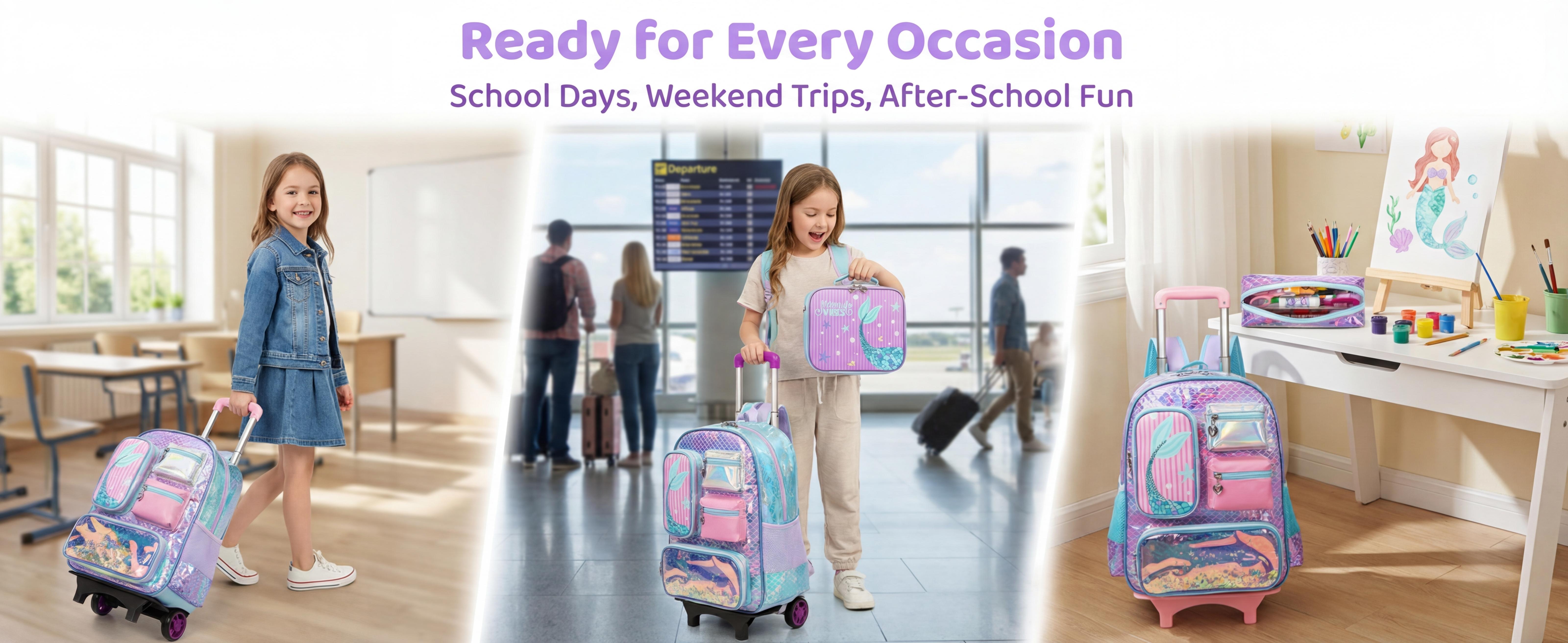 Rolling Backpack for Girls with Wheels Elementary School Bag Lunch Box Pencil Case Set for Ages 6-12 Years Old Mermaid Design