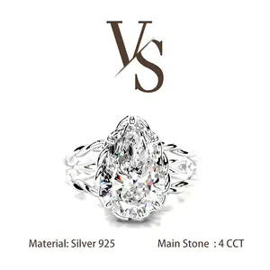 [Venus Jewelry] Synthetic Mossianite 4 CCT Pear Shape Double Twist Design VVS1 D Color Solid Silver 925 Ring