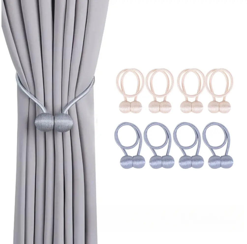 Magnetic Curtain Tiebacks 4 Pack, No Drill Decorative Curtain Holdbacks, Woven Braided Ball Curtain Magnets, Adjustable Rope Curtain Tie Backs for Home Window Curtain Decor