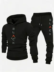 [ Printed Letter Set |   One Step to the Trend ] Men's street style printed letter pullover hooded sweatshirt, paired with the same series of ankle tied sports pants, made of high-quality fabric, oversized cut that balances laziness and fashion