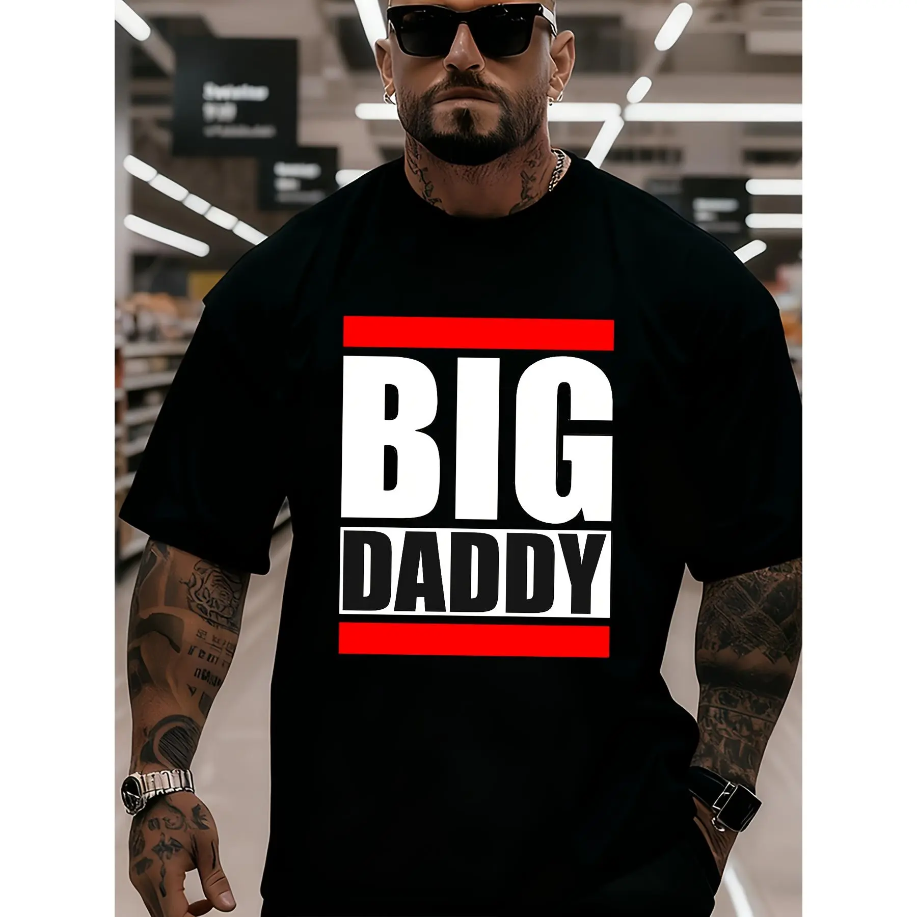 Men's BIG DADDY Cartoon Graphic T-Shirt, Oversized Cotton Menswear, Soft Round Neck Loose Fit Top, Plus Size Tall, Shortsleeve, Casual Wear, Father's Day, Xxl, Streetwear, Men’s Clothes, Oversize Shirt, Cartoon Print, Mens Clothing, Birthday Gifts For Dad