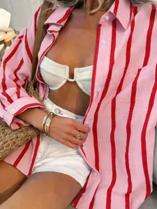 Women's striped loose-fitting button down blouse, Casual Blouse Shirts, casual long-sleeved top, suitable for vacations and everyday wear, all year round. A spring/summer shirt that can also be worn as a sun-protective layer on the beach.