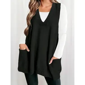 Plus Size Solid V-Neck Sleeveless Sweater Vest with Pockets for Women