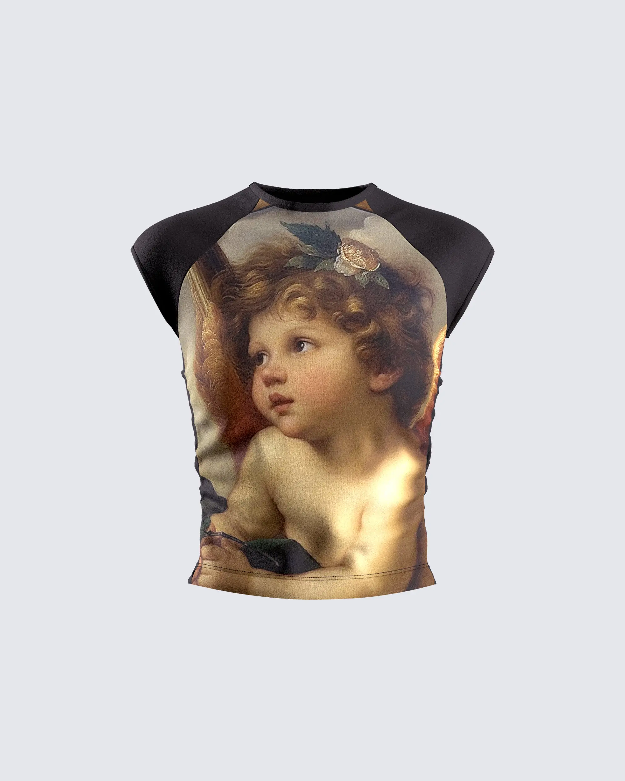 Men's Fitted Black Cheryse Angel Graphic Spandex Jersey Crop Tshirt - Cap Sleeve, M Size, Renaissance, Baroque, Streetwear, Casual, Museum Vibes Menswear Top, Crop Top, Mensfashion, Renaissance Art, Crew Neck, Jersey Spandex, Print, Raglansleeves, Cherubp