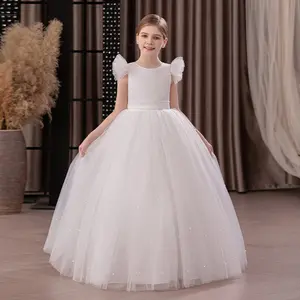 8-14Y Girls White Princess Dress Ruffle Sleeve Tulle Floor-Length Large Back Bow 1Pcs Elegant Dress 24543