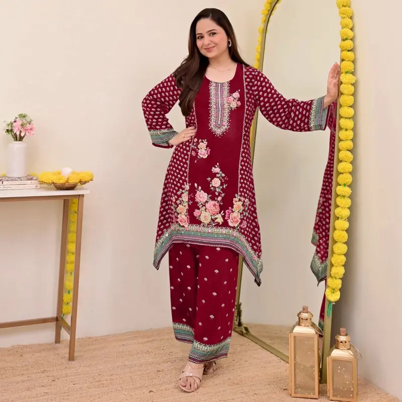 2PCS CO-ORD Set Soft fabric in maroon color in size 40 DIGITAL PRINTED HANDWORK CREPE