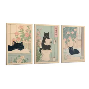 Japanese Black Cat Canvas Wall Art Set of 3, Funny Bathroom Print Toilet Poster Japanese Cat Wall Decor Pictures Aesthetic Minimalism Artwork  Home Decoration