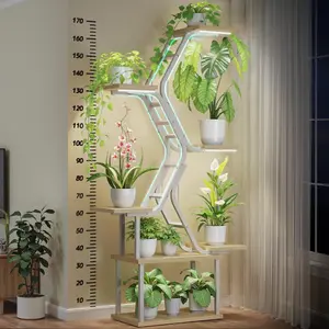 Plant Stand Indoor with Grow Lights - 65" Tall Plant Shelf Indoor for Multiple Large Plants ,7 Tiered Metal Plant Rack Flower Display,S-Shaped Plants Rack for Living Room, Patent Design, Natural