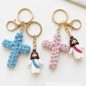 "JESUS LOVES YOU" Christian Woven Macrame Cross Keyring with Cute Cartoon Jesus Figure and Gold-Tone Lobster Clasp, Inspirational Religious Keychain & Charm for Backpacks, Handbags, Wallets or Keys – Perfect Faith Gift
