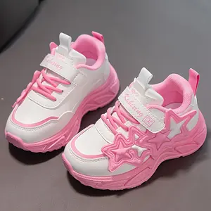 Fashion Sneakers, Pink Star Pattern, Low-Top PU Leather, Breathable Fabric Lining, Rubber Sole, Magic Tape Closure, Casual Sports Shoes, All-Season, Round Toe, Ages 14 and Under