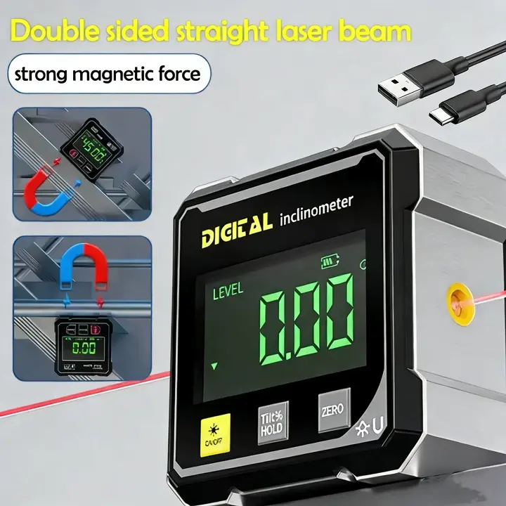 Portable Magnetic Digital Angle Finder – 360° Precision Angle Gauge with Strong Magnetic Base & Dual Laser Guide | Rechargeable Digital Angle Measuring Tool for Woodworking, Construction & Home Projects | Professional Multi-Use Measuring Instrument