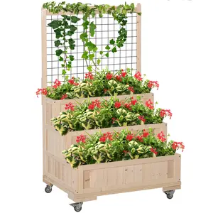 Outsunny 3-Tier Raised Garden Bed with Trellis & Climbing Planting Stand, 53" H Vertical Planter Box with Wheels, Back Storage Area, for Flowers, Vegetables, Natural Finish