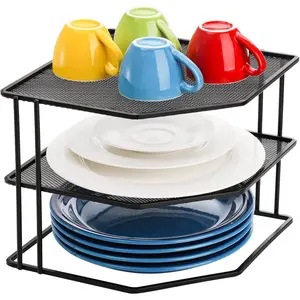 3-Tier Cabinet Corner Shelf, 9x9x7.5 Inches Metal Wire Plate Rack Kitchen Counter Corner Organizer for Cups, Dishes, Cupboard, Pantry, Black Elegant Finish