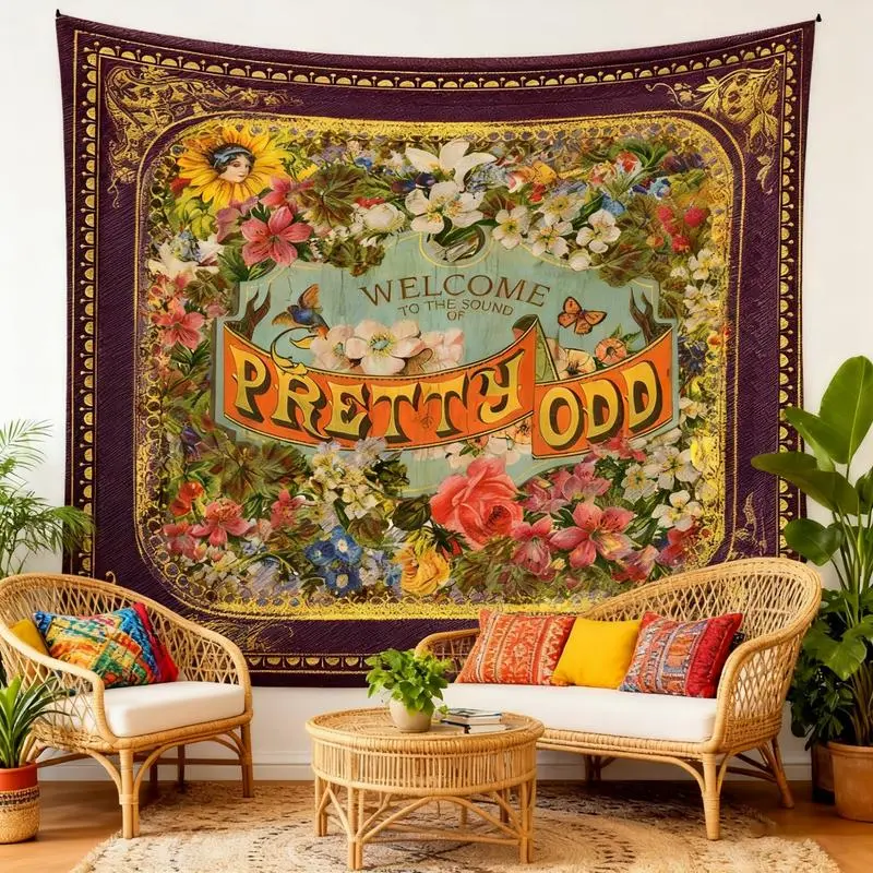 Vintage Print Tapestry Wall Mural - Letters, Flowers, Borders Design Creative Home Decor for Living Room, Bedroom Room Art, Home Inspo Wall Hanging