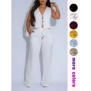Women’s solid-color vest and wide-leg pants two-piece set, matching outfit, casual and comfortable everyday soft wear, women’s summer wear GARMENTARY