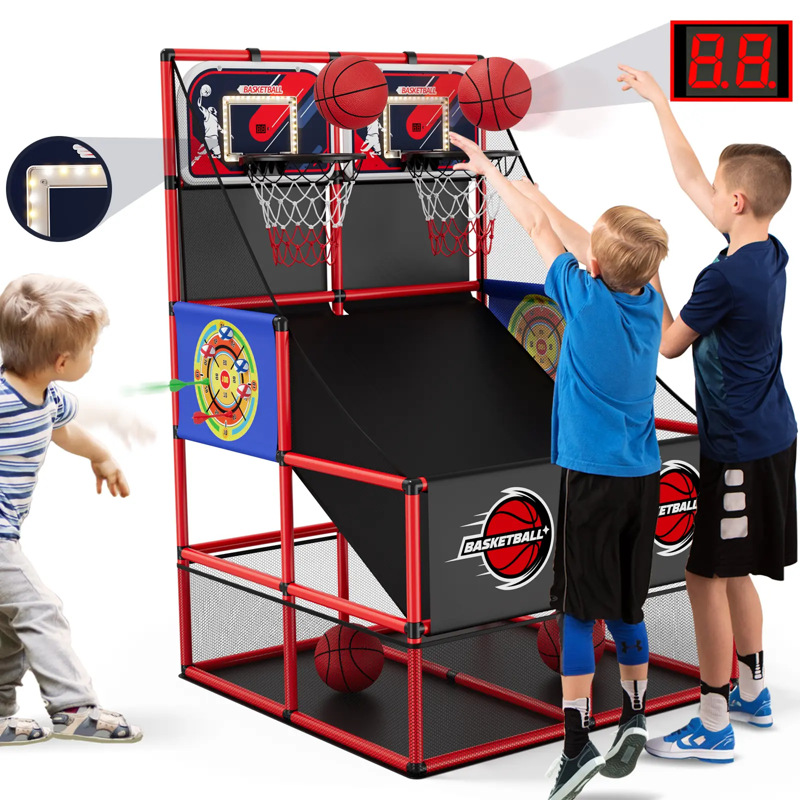 HYES 2-in-1 Dual Shot Basketball Arcade Game with Dart Boards, Electronic Scoreboard, LED Lights - Adjustable 44"-55" Height Indoor Sport Toy for Kids homeessentials Sticky Balls Play