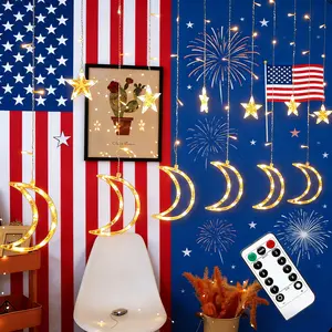 Independence Day Star and Moon Curtain Lights 138 LED 6.7ft x 3.2ft Warm White Fairy Lights with Remote 8 Modes for July 4th Party and Patriotic Wall Decor