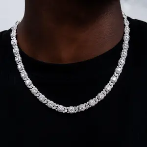 GLD Iced Diamond Station Cuban Chain | 14k White Gold Plating - Hand-Set CZ Diamonds - 16" to 22" Length - Perfect for Necklace Stack - Lifetime Guarantee