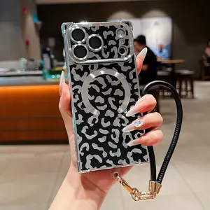 Creative Simple Four-Corner Anti-Drop Phone Case Cover, Leopard Pattern Magnetic Strap, Full Protection for Apple 17/16/15/14/13/promax/pro