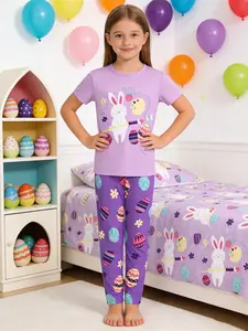 Girls' 2-Piece Cartoon Rabbit Print Sleepwear Set, Spring & Fall Round Neck Short Sleeve Long Pants Pajamas, Casual Fitted Home Wear