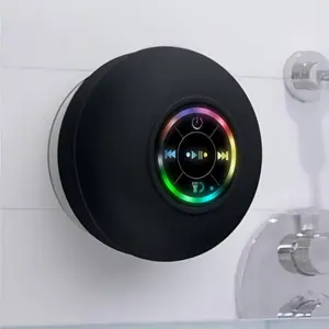 Water Resistant Bluetooth Speaker with Suction Cup Microphone Crystal Sound for Bathroom Shower Phone Tablet Dual Pairing LED Light Show Portable Design
