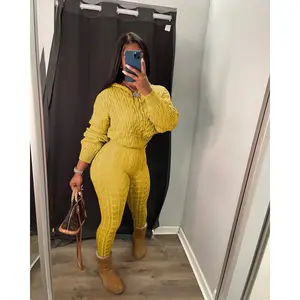 USBoutique Chic Two-piece Set Women's Solid Drop Shoulder Cable Knit Crop Sweater & High Waist Pants. Casual Fashion Cozy Plush Outfits for Daily Outdoor Wear, Women Clothes for Fall & Winter, Fall Outfits. Green Hoodie Girl, Drop Shoulder Sweater