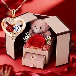 Creative Rose Bear Gift Box with Heart Pendant Necklace, Romantic Jewelry Gift for Mother's Day and Valentine's Day, Birthday Gift for Girlfriend Wife Daughter