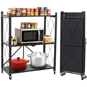 Foldable Storage Shelf with Wheels Heavy Duty Collapsible Metal Shelf Rack Folding Bookshelf No Assembly Rolling Cart for Kitchen Pantry Closet