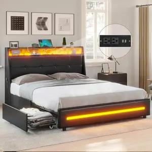 Sikaic 4 Storage Drawers LED Bed Frame with Charging Station Black Furniture Home Modern Interior Upholstered Platform