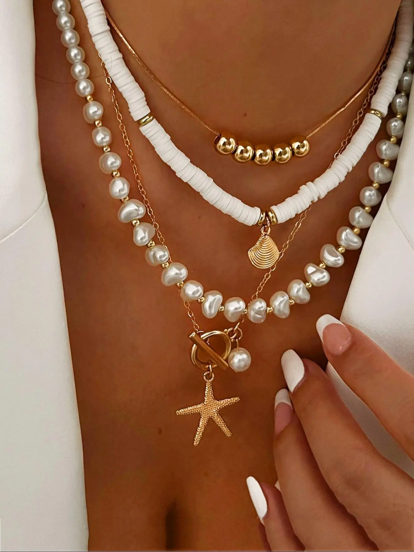 Boho Style Faux Pearl & Starfish & Shell Decor Necklace, Fashion Jewelry for Party, Daily Clothing Decor, Trendy All-match & Exquisite Jewelry for Birthday Gift, Dangling Charms Beach Boho Necklace