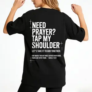Women's Cotton Short Sleeve Crew Neck Loose-Fitting Casual Fashion T-Shirt Top - Smooth Knit Elastic Solid Fabric, Ribbed Seamless, "Need Prayer Tap My Shoulder" Religious Bible Verse Christian Design