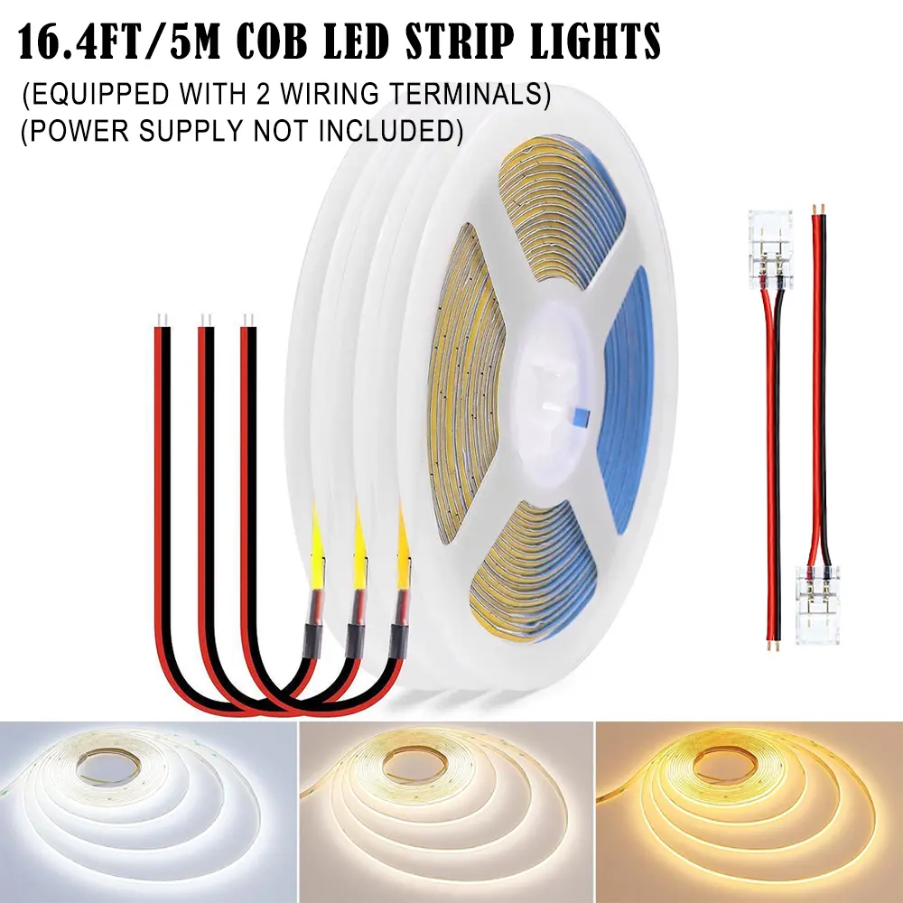 16.4ft/5m 12V COB LED Strip Light (3 Color Tones: Cool/Natural/Warm) - High CRI 95Ra+, Ultra Bright, 3-Second Solderless Installation, 2 Wiring Terminals, Ideal for Mirrors, Book Lights, Bedrooms (Power Supply Not Included)
