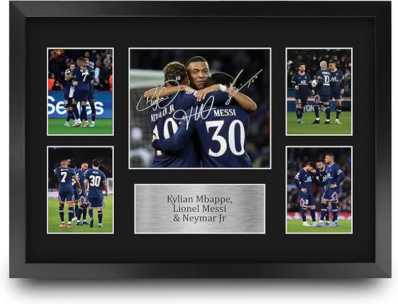 Kylian Mbappe, Lionel Messi & Neymar Jr PSG Printed Memorabilia Signed Signature Photo Display For Football Fans And Football Fans Poster print Unframed