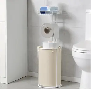 Standing Toilet Paper Storage Rack, Rustproof Metal Stand Up Toilet-Paper Roll Holder, Free Standing Tissue Holder for Bathroom, Tissue Holder with Shelf for Wipes & Phone, White Organiser Dispenser
