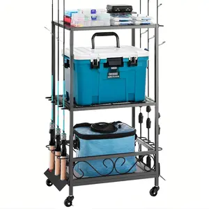 VEVOR Fishing Rod Holder for 10-Rods, Mobile Fishing Pole Rack Cart with Wheels, Fish Gear Equipment Organizer for Garage Home Indoor Use, for Tackle Box Reel Accessories Storage, Gifts for Men