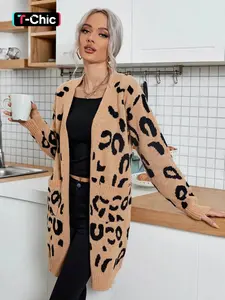 Women's Leopard Print Knit Cardigan, Vintage Slimming V Neck Long Sleeve Sweater Coat, Casual Lazy Style Pullover Outerwear Knitwear