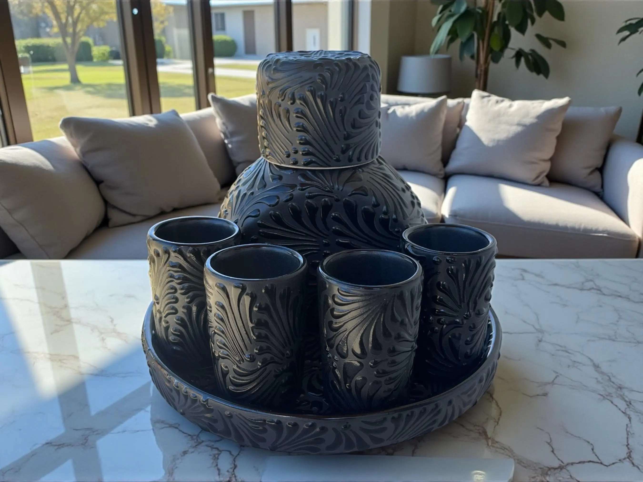 Handmade Rustic 40oz Black Ceramic Talavera Tequila Decanter Set - 6-Piece Traditional Mexican Pottery Bar Set for Home, with 4 Shot Glasses, Base, Unique Patterns, Hand Wash Only