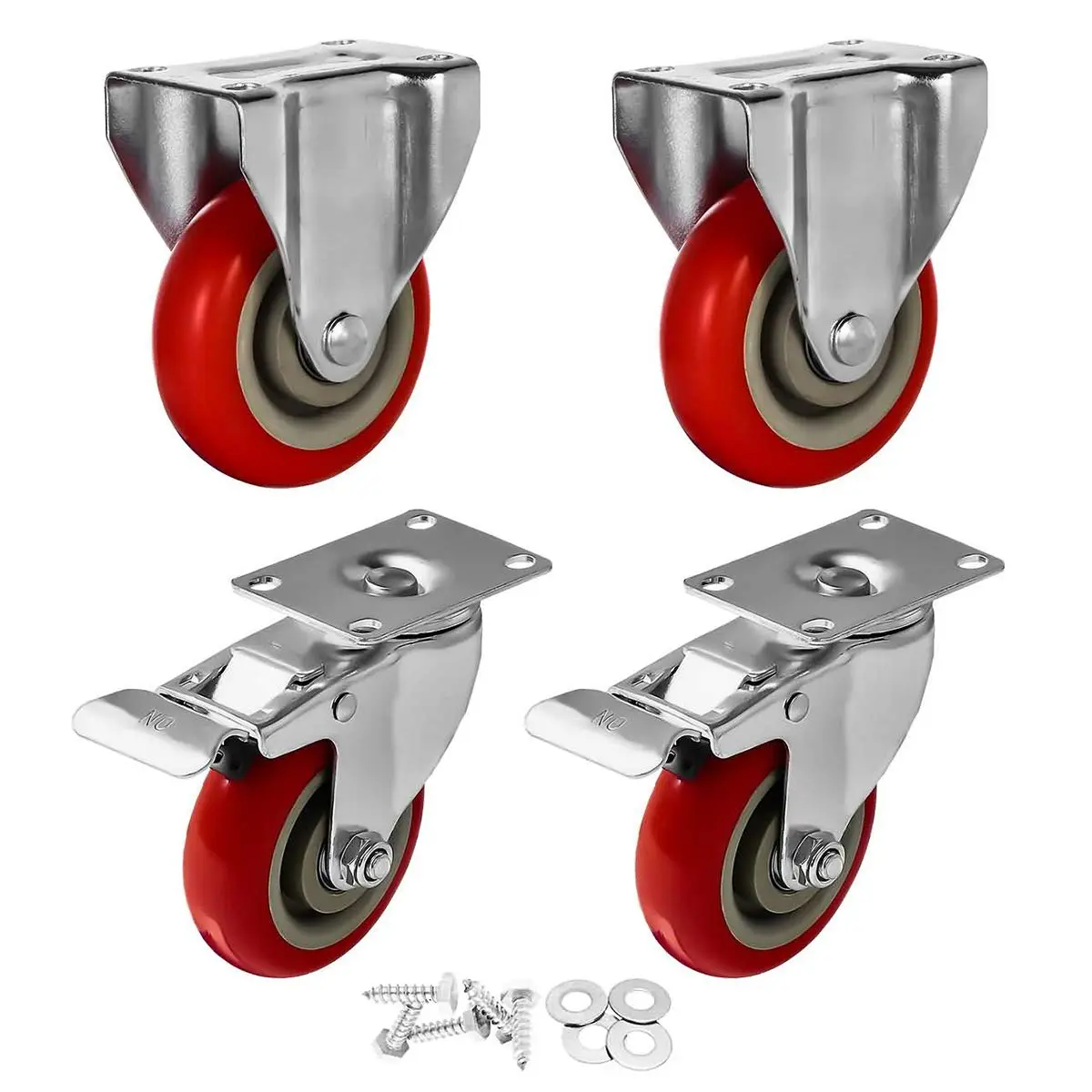 4 Pack 4" Caster Wheels - 2 Swivel 360  with , 2 Rigid Fixed Stationery COMBO On Red Polyurethane Wheels with Hardware