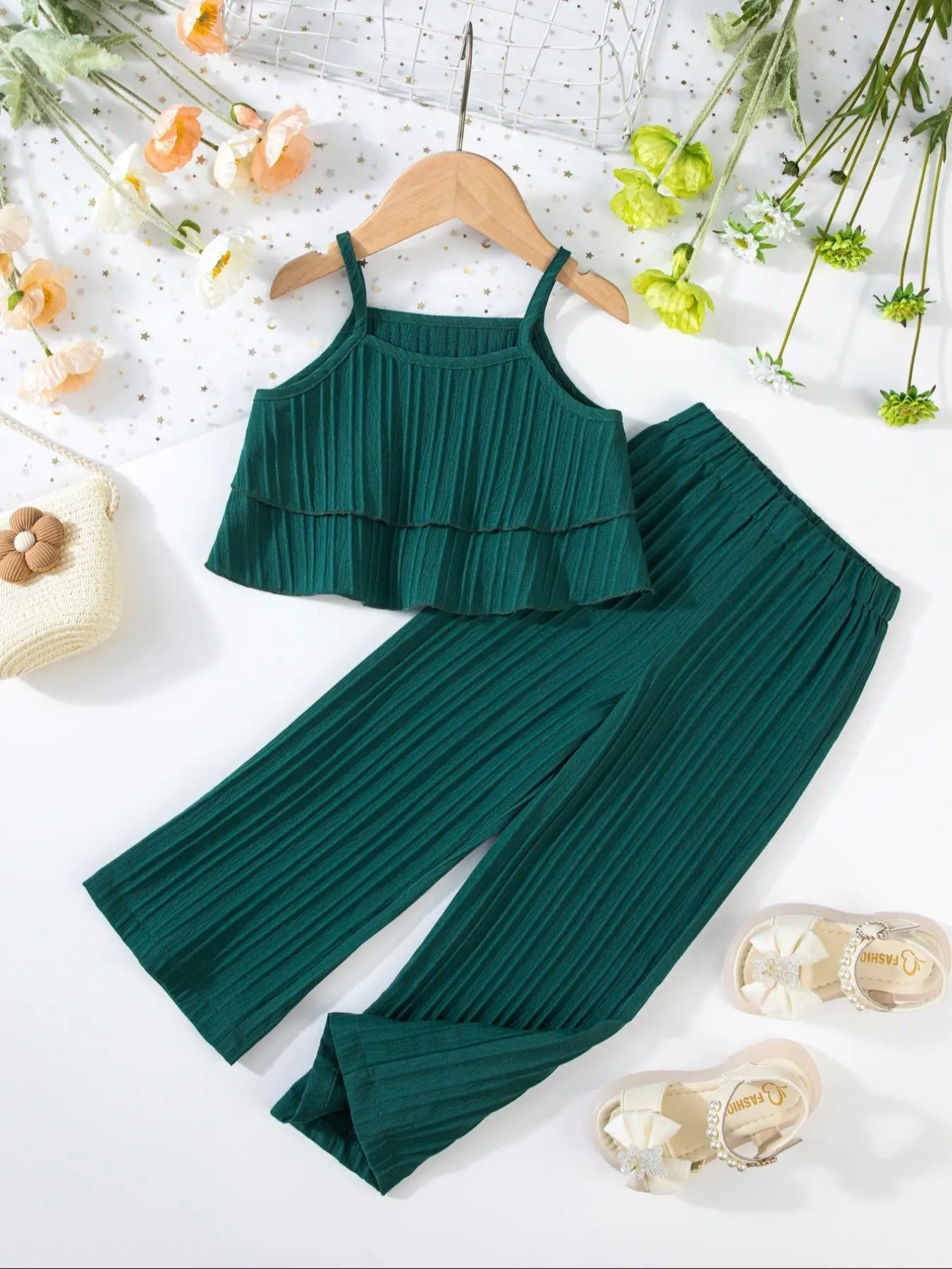 Toddler Girl's Solid Crop Tank Top & Wide Leg Pants Two-Piece Set, Casual Fashion Cozy Two Piece Outfits for Daily Outdoor Wear, Toddler Girls Clothin