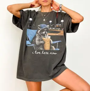 (Sale Off Up To 50%) Comfort Colors Raccoon I live Here Now Shirt, Raccoon Drinking Iced Coffee Shirt, Ballfield Dark Shirt, Baseball field, Baseball Mama Tee. Full Color, For Men, For Women, Casual, Classic Fashion, Tee Print