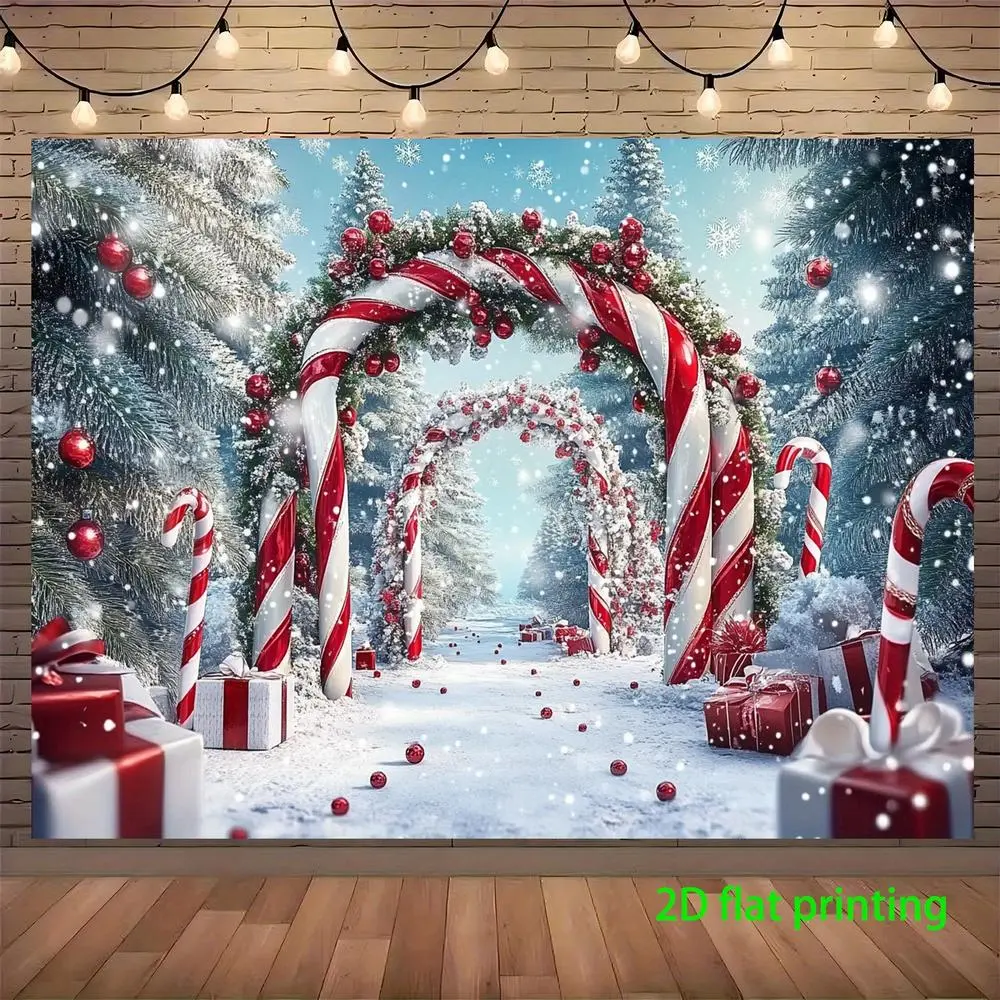 1pc Durable Polyester 2D Flat Christmas Arch Backdrop - Hangable, Red Candy Canes & Snowy Forest Design, Indoor Holiday Party Photography Banner for Winter Wonderland Theme
