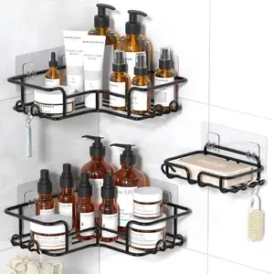 YASONIC Corner Shower Caddy Adhesive with Soap Holder and 12 Hooks, Rustproof corner shower shelves, No Drilling (Bright Black)