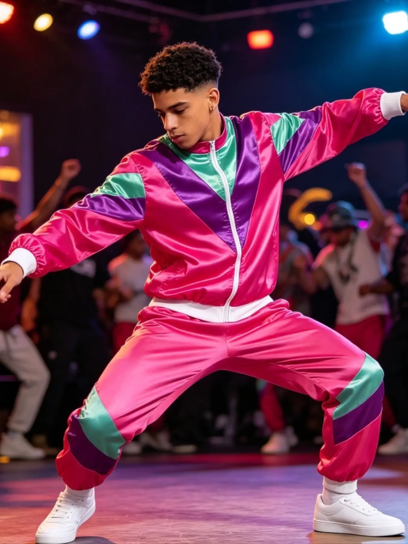 80s Breakdance Tracksuit Set | Retro B-Boy Jogger Suit with Zip Up Jacket + High Waisted Side Stripe Pants | Fluorescent Disco Costume Matching Tracksuit for Dance Battle