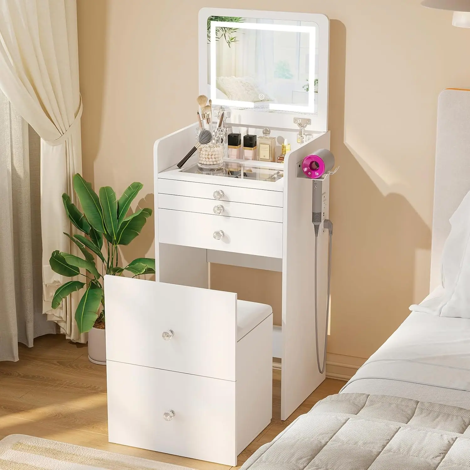 VOWNER 3-in-1 Modern Dressing Table Set - Compact Stylish Self-Contained Organizer with Flip-Top LED Lighting Mirror, Glass Desktop, 3 Drawers, Chair, 19" L Indoor Bedroom Makeup Vanity Desk with Storage & Hair Dryer Holder, Modern Vanity Desk
