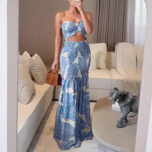 2026 European and American Spring/Summer New Halter Neck Printed Pleated Dress INS Casual Tie-Waist Vacation Bodycon Dress