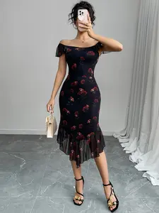Gothic Vintage Mesh Skirt Floral Print Waist Cinching Lace Chic Elegant Fitted One-Shoulder Dress, Women's Fashion Long Sleeve Party Dress Formal Wear Womenswear