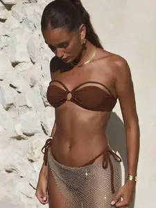 Three-piece solid color casual cute elegant sexy bohemian rhinestone swimsuit for beach vacation all year round Bandeau Swim Top