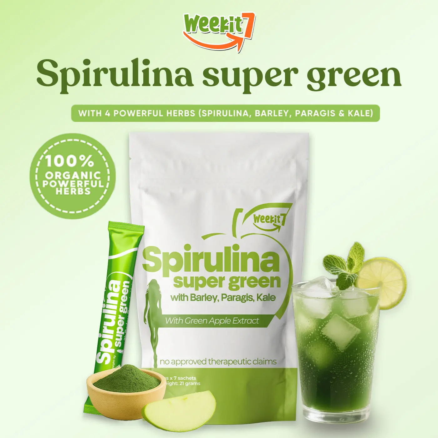 Weekit7 Spirulina Powder Organic Pure Super Greens Barley Grass Kale Paragis Green Apple Supplement for Bloating Relief Gut Health & Skin Care Non-GMO Gluten Free Healthcare Dietary Edible Fitness Vitamin Fiber
