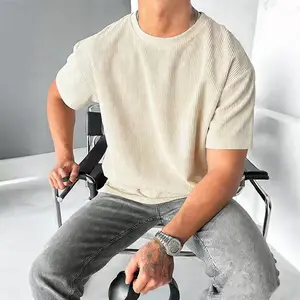 Men's Beige Corduroy Short Sleeve T-Shirt 2026 Loose Fit Soft Ribbed Texture Retro Casual Street Top Comfortable Stylish